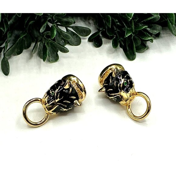 Vintage Gold Tone and Black Enamel Panther Head Earrings - Picture 4 of 10